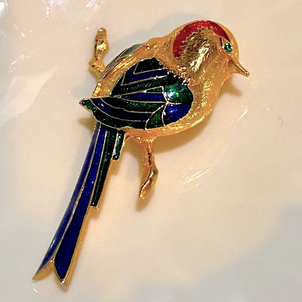 Cloisonne Bird on a Branch Enamel & Crystal Pin, Gold, blue, green & red EUC VTG